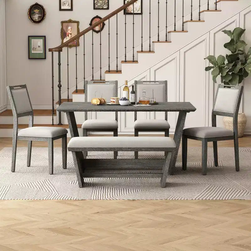 Ensemble de salle à manger rétro 6 pièces, 1 table rectangulaire avec base trapézoïdale stable, 4 chaises rembourrées et 1 banc 4S - ModernLuxe