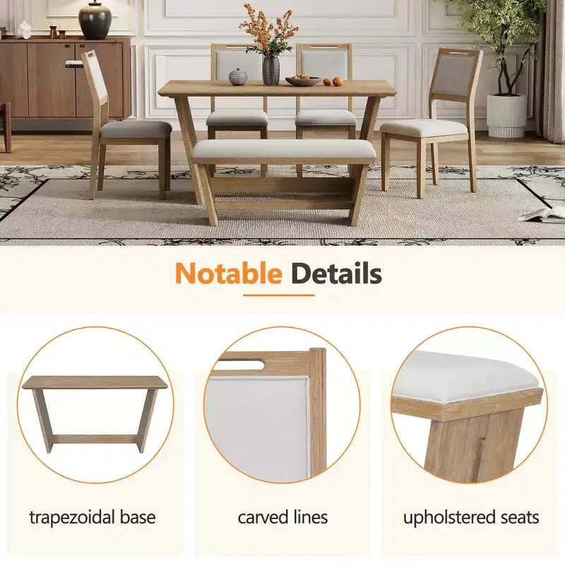 Ensemble de salle à manger rétro 6 pièces, 1 table rectangulaire avec base trapézoïdale stable, 4 chaises rembourrées et 1 banc 4S - ModernLuxe