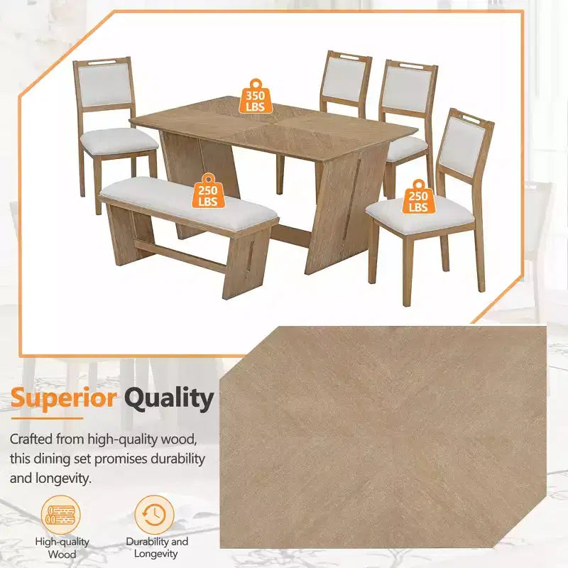 Ensemble de salle à manger rétro 6 pièces, 1 table rectangulaire avec base trapézoïdale stable, 4 chaises rembourrées et 1 banc 4S - ModernLuxe