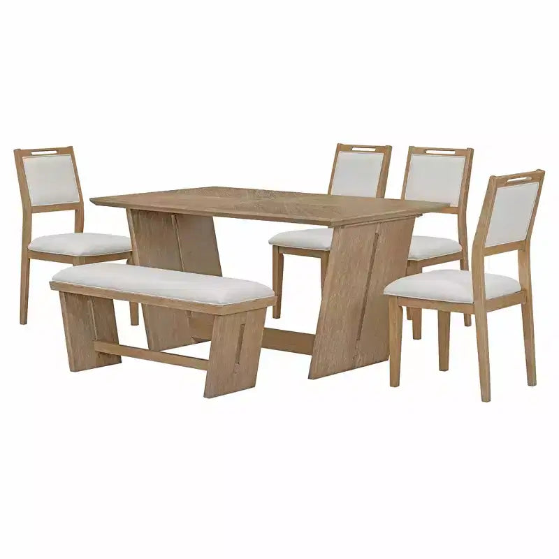 Ensemble de salle à manger rétro 6 pièces, 1 table rectangulaire avec base trapézoïdale stable, 4 chaises rembourrées et 1 banc 4S - ModernLuxe