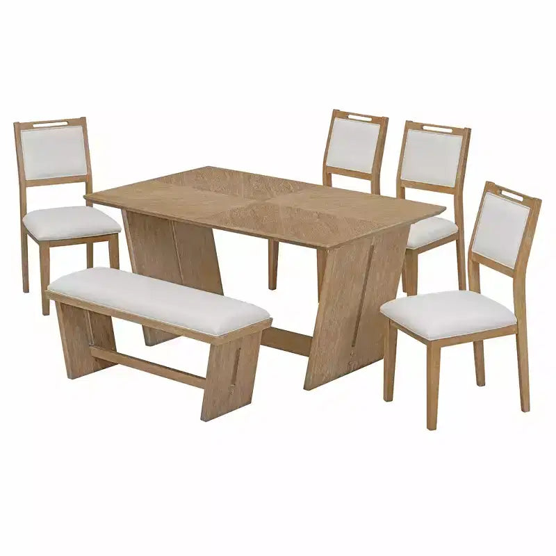 Ensemble de salle à manger rétro 6 pièces, 1 table rectangulaire avec base trapézoïdale stable, 4 chaises rembourrées et 1 banc 4S - ModernLuxe