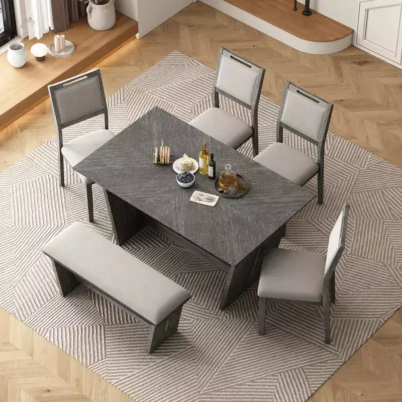 Ensemble de salle à manger rétro 6 pièces, 1 table rectangulaire avec base trapézoïdale stable, 4 chaises rembourrées et 1 banc 4S - ModernLuxe