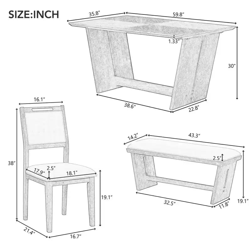 Ensemble de salle à manger rétro 6 pièces, 1 table rectangulaire avec base trapézoïdale stable, 4 chaises rembourrées et 1 banc 4S - ModernLuxe