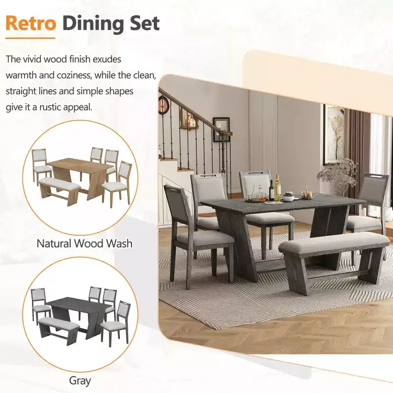 Ensemble de salle à manger rétro 6 pièces, 1 table rectangulaire avec base trapézoïdale stable, 4 chaises rembourrées et 1 banc 4S - ModernLuxe