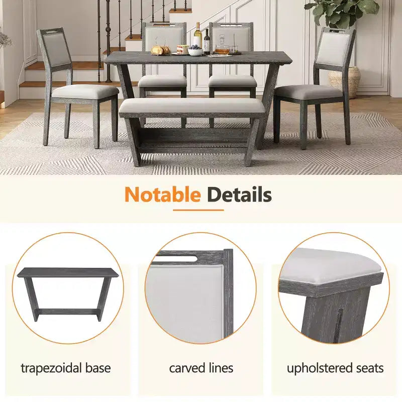 Ensemble de salle à manger rétro 6 pièces, 1 table rectangulaire avec base trapézoïdale stable, 4 chaises rembourrées et 1 banc 4S - ModernLuxe