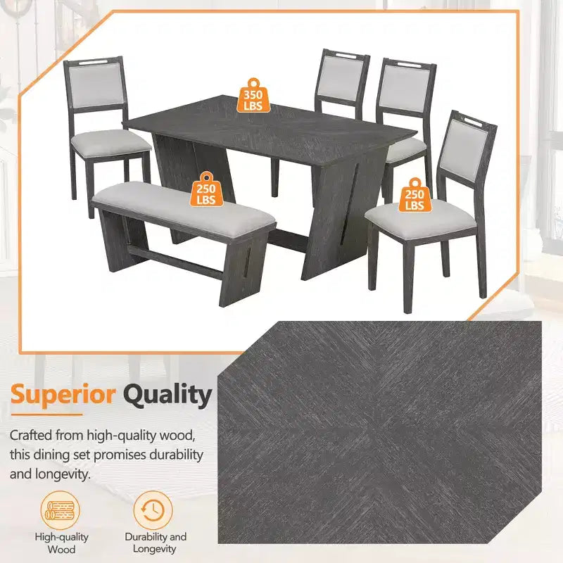 Ensemble de salle à manger rétro 6 pièces, 1 table rectangulaire avec base trapézoïdale stable, 4 chaises rembourrées et 1 banc 4S - ModernLuxe