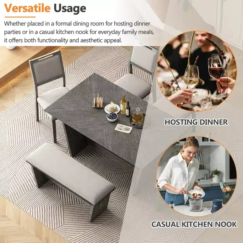 Ensemble de salle à manger rétro 6 pièces, 1 table rectangulaire avec base trapézoïdale stable, 4 chaises rembourrées et 1 banc 4S - ModernLuxe