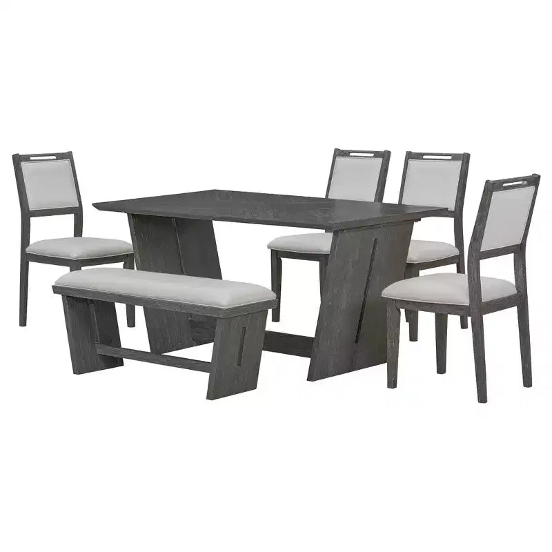Ensemble de salle à manger rétro 6 pièces, 1 table rectangulaire avec base trapézoïdale stable, 4 chaises rembourrées et 1 banc 4S - ModernLuxe