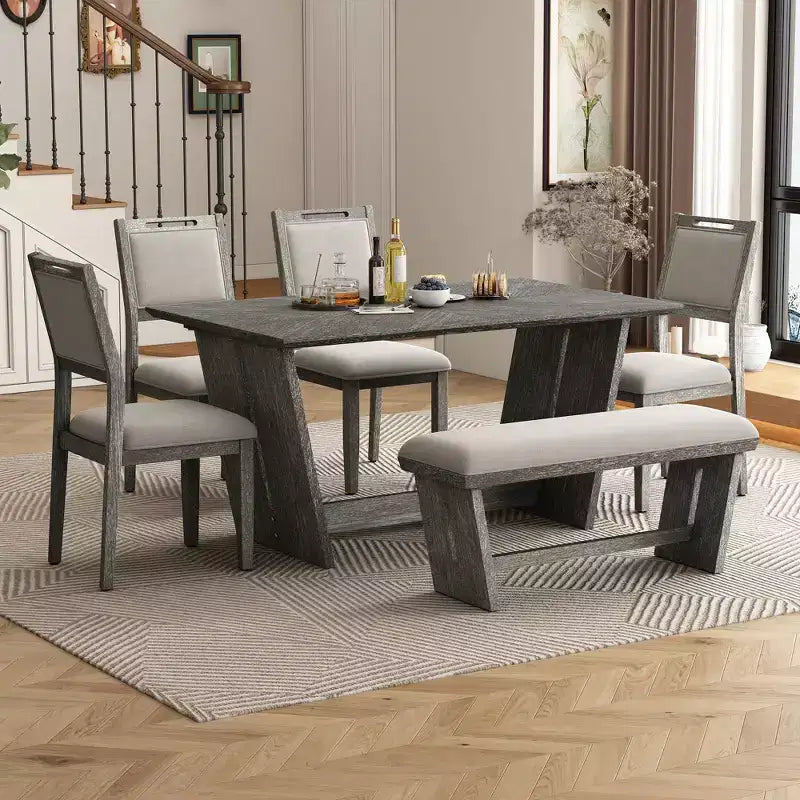 6-Piece Retro Dining Set, 1 Rectangular Table with Stable Trapezoidal Base, 4 Upholstered Chairs and 1 Bench 4S - ModernLuxe