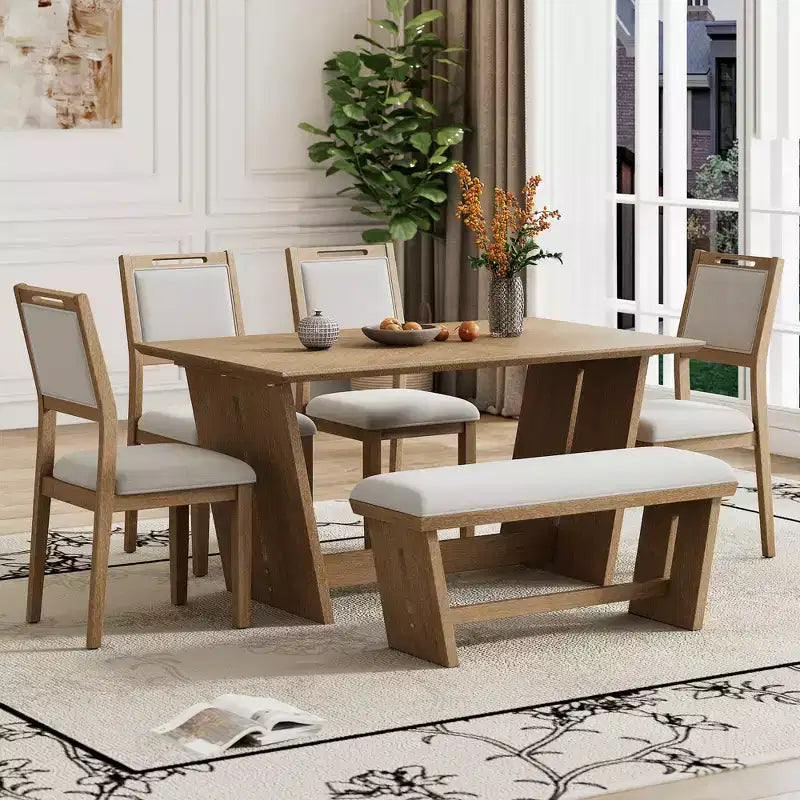 Ensemble de salle à manger rétro 6 pièces, 1 table rectangulaire avec base trapézoïdale stable, 4 chaises rembourrées et 1 banc 4S - ModernLuxe