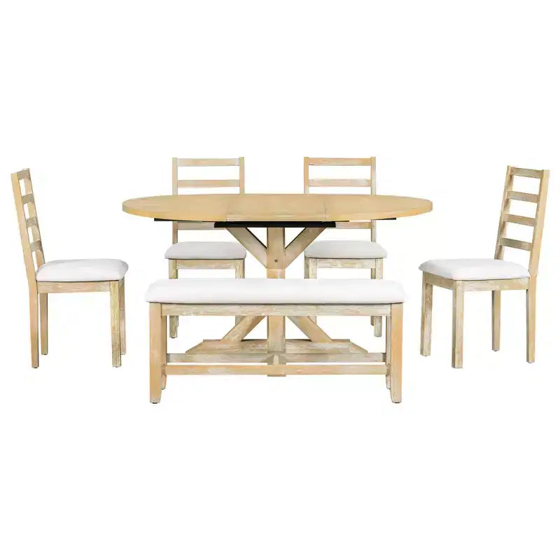 Ensemble de salle à manger 6 pièces avec table à rallonge et piédestal, 1 table avec rallonge amovible de 45,7 cm, 4 chaises rembourrées et 1 banc 4S - ModernLuxe