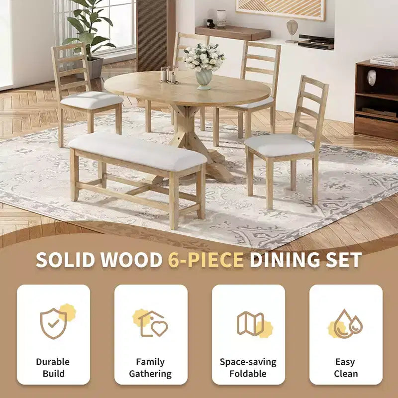 Ensemble de salle à manger 6 pièces avec table à rallonge et piédestal, 1 table avec rallonge amovible de 45,7 cm, 4 chaises rembourrées et 1 banc 4S - ModernLuxe