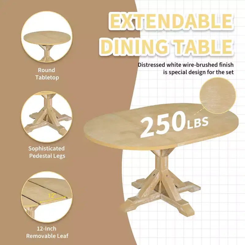 Ensemble de salle à manger 6 pièces avec table à rallonge et piédestal, 1 table avec rallonge amovible de 45,7 cm, 4 chaises rembourrées et 1 banc 4S - ModernLuxe