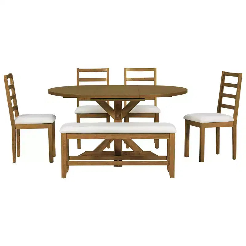 Ensemble de salle à manger 6 pièces avec table à rallonge et piédestal, 1 table avec rallonge amovible de 45,7 cm, 4 chaises rembourrées et 1 banc 4S - ModernLuxe
