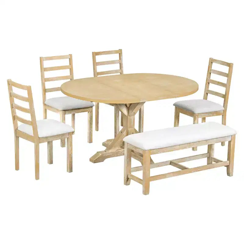 Ensemble de salle à manger 6 pièces avec table à rallonge et piédestal, 1 table avec rallonge amovible de 45,7 cm, 4 chaises rembourrées et 1 banc 4S - ModernLuxe