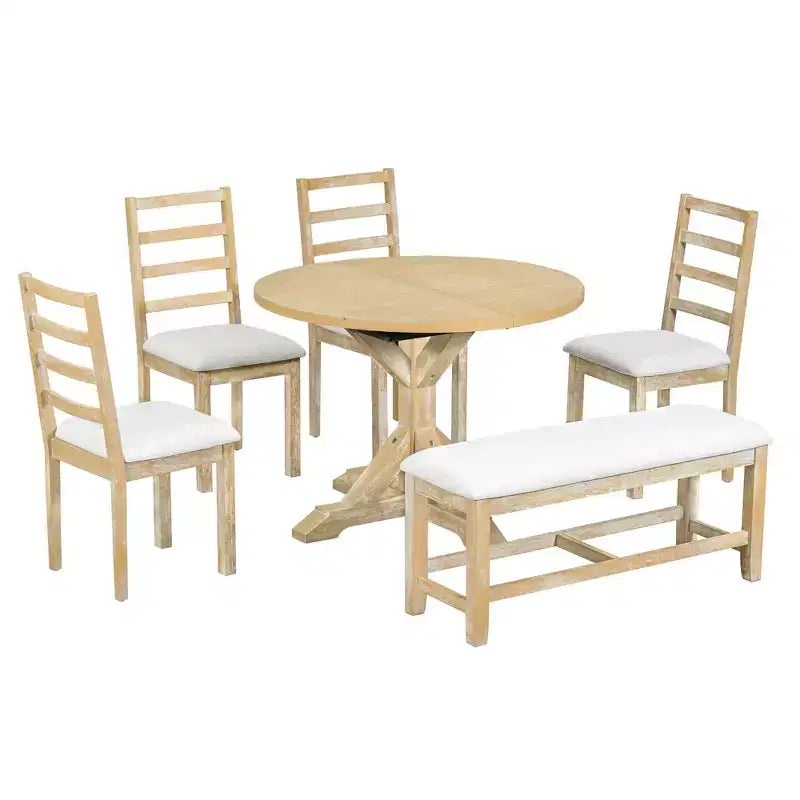 Ensemble de salle à manger 6 pièces avec table à rallonge et piédestal, 1 table avec rallonge amovible de 45,7 cm, 4 chaises rembourrées et 1 banc 4S - ModernLuxe