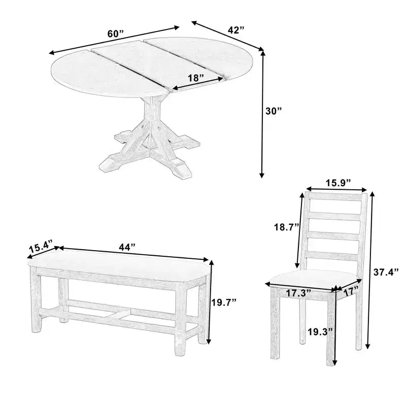 Ensemble de salle à manger 6 pièces avec table à rallonge et piédestal, 1 table avec rallonge amovible de 45,7 cm, 4 chaises rembourrées et 1 banc 4S - ModernLuxe