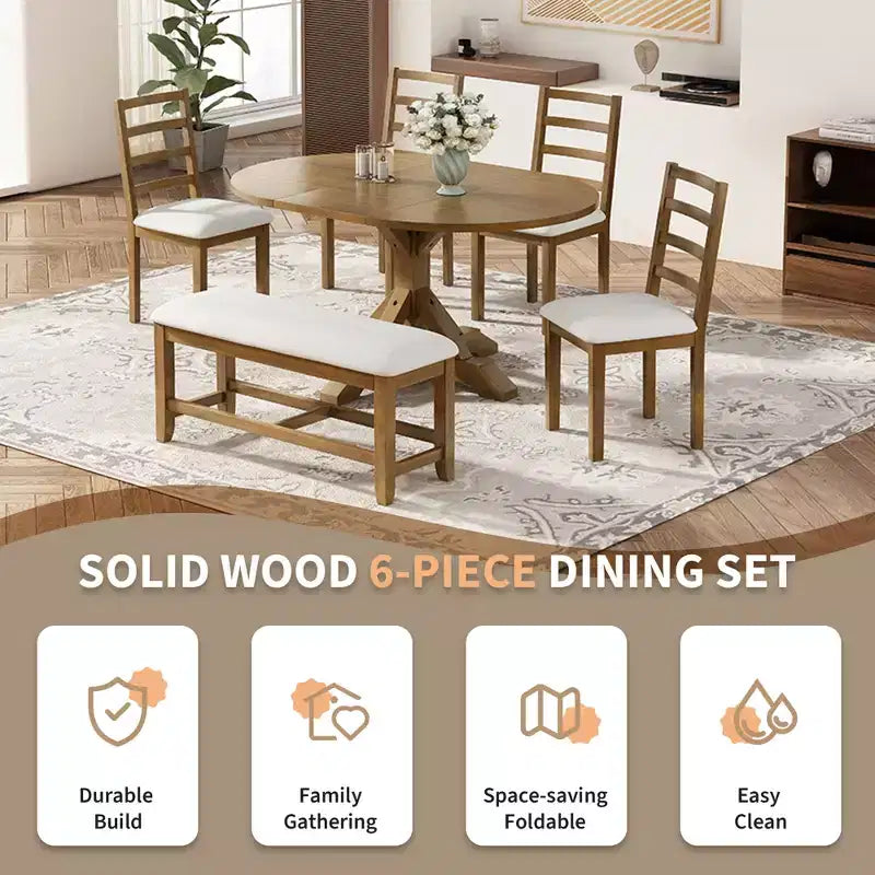 Ensemble de salle à manger 6 pièces avec table à rallonge et piédestal, 1 table avec rallonge amovible de 45,7 cm, 4 chaises rembourrées et 1 banc 4S - ModernLuxe