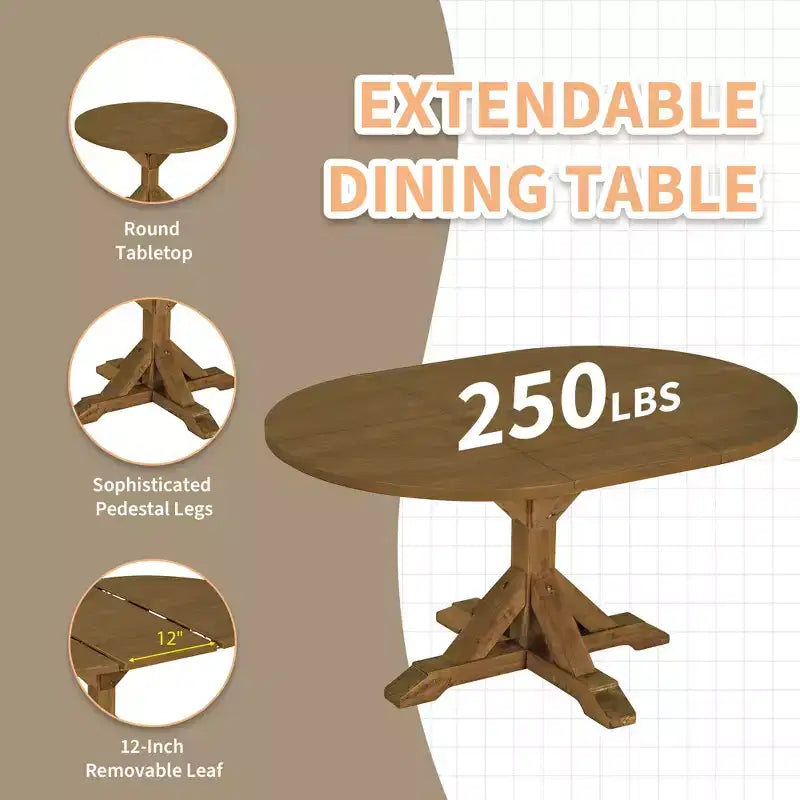 Ensemble de salle à manger 6 pièces avec table à rallonge et piédestal, 1 table avec rallonge amovible de 45,7 cm, 4 chaises rembourrées et 1 banc 4S - ModernLuxe