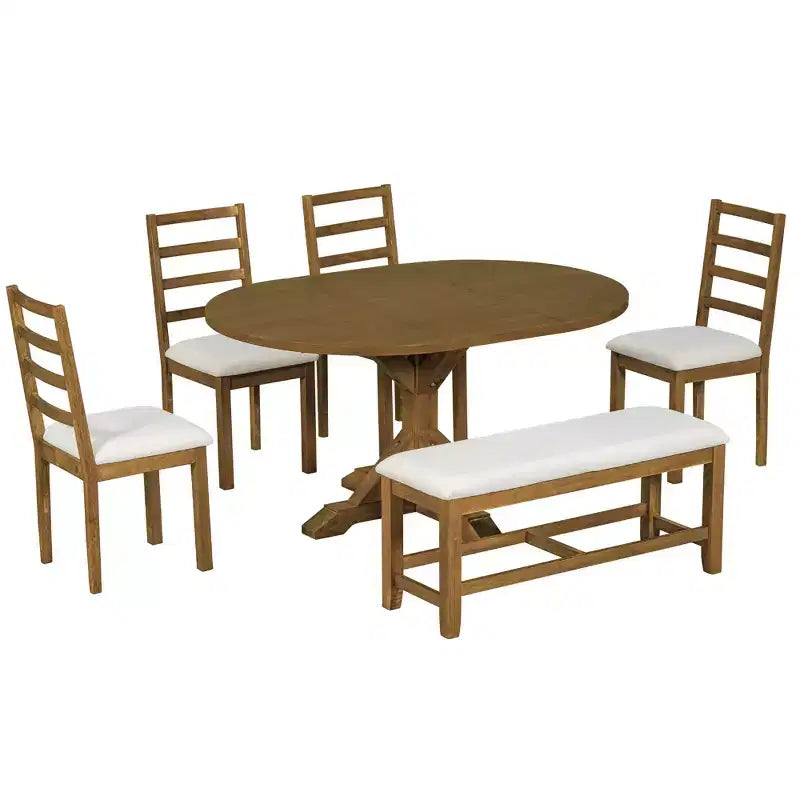 Ensemble de salle à manger 6 pièces avec table à rallonge et piédestal, 1 table avec rallonge amovible de 45,7 cm, 4 chaises rembourrées et 1 banc 4S - ModernLuxe