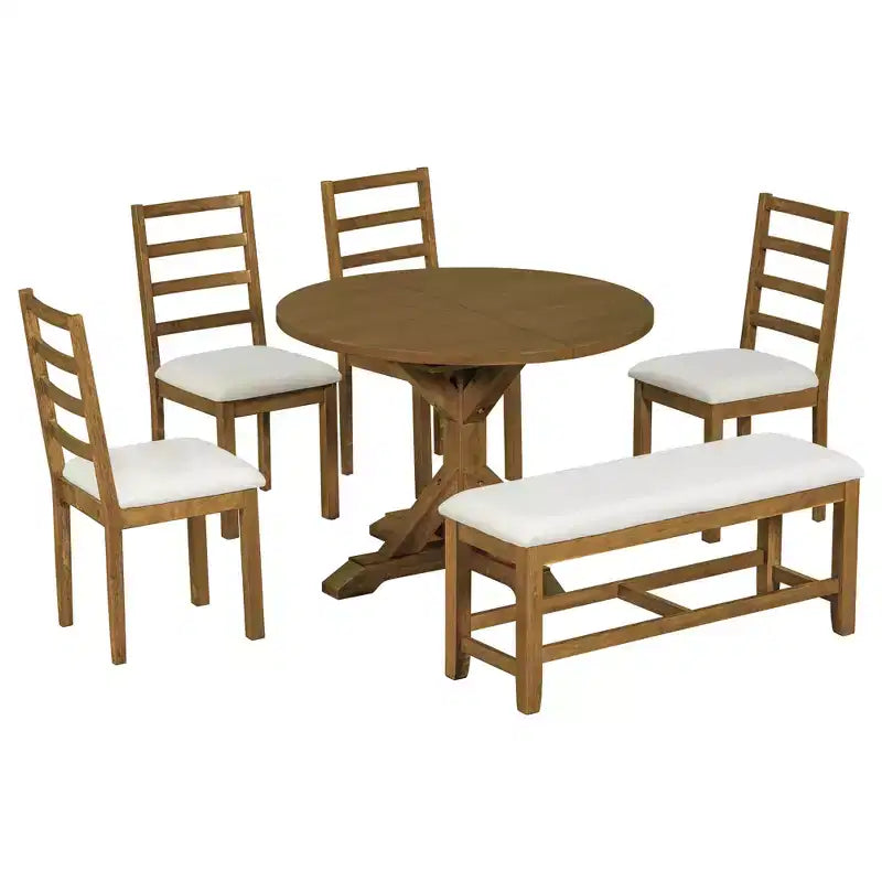 Ensemble de salle à manger 6 pièces avec table à rallonge et piédestal, 1 table avec rallonge amovible de 45,7 cm, 4 chaises rembourrées et 1 banc 4S - ModernLuxe