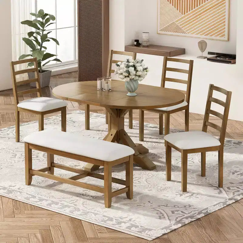 6-Piece Extendable Pedestal Dining Table Set, 1 Table with 18 Removable Leaf, 4 Upholstered Chairs and 1 Bench 4S - ModernLuxe