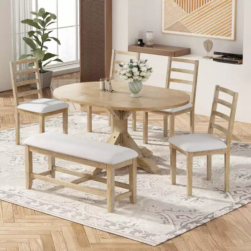 Ensemble de salle à manger 6 pièces avec table à rallonge et piédestal, 1 table avec rallonge amovible de 45,7 cm, 4 chaises rembourrées et 1 banc 4S - ModernLuxe