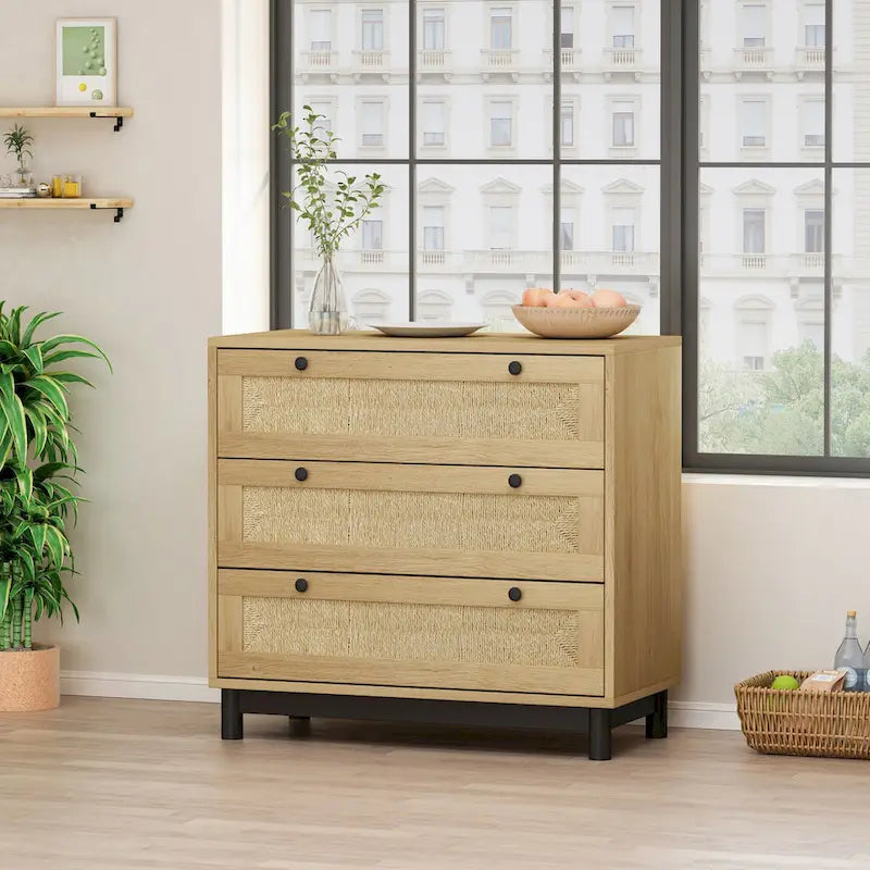 Commode moderne en rotin, Armoire de rangement en rotin à 3 tiroirs de 77 cm, Commode pour chambre à coucher, Tiroir tressé en corde, Commode à tiroirs en rotin