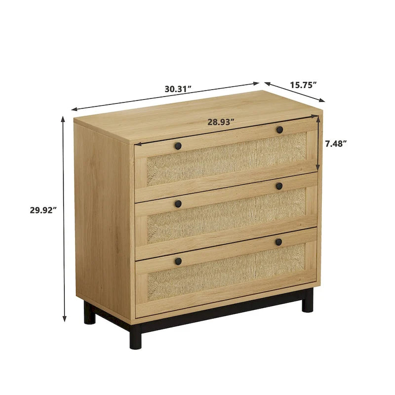 Commode moderne en rotin, Armoire de rangement en rotin à 3 tiroirs de 77 cm, Commode pour chambre à coucher, Tiroir tressé en corde, Commode à tiroirs en rotin