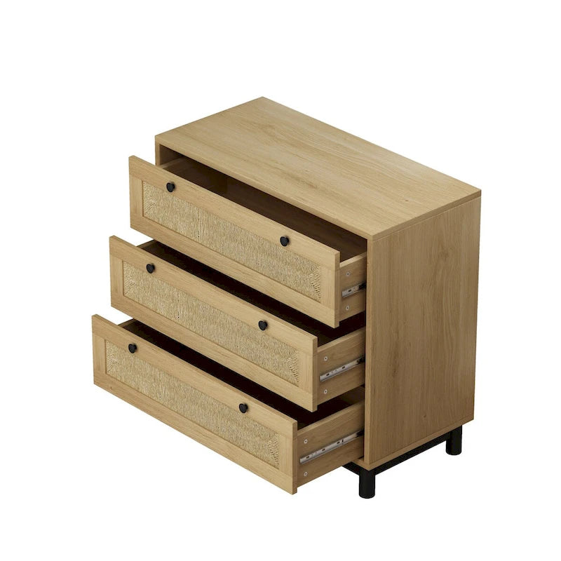 Commode moderne en rotin, Armoire de rangement en rotin à 3 tiroirs de 77 cm, Commode pour chambre à coucher, Tiroir tressé en corde, Commode à tiroirs en rotin