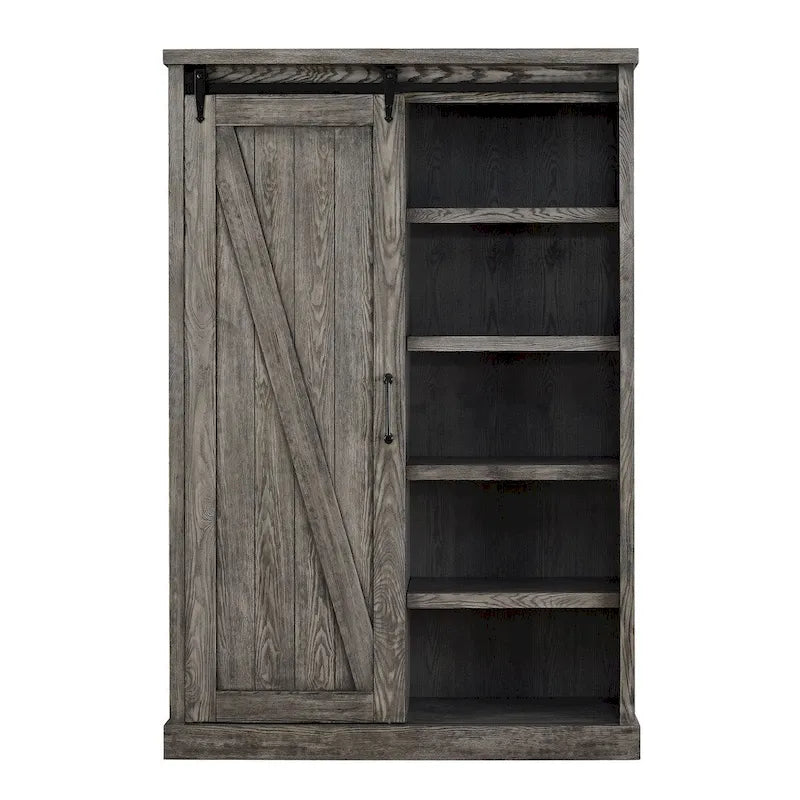 Bibliothèque rustique avec porte de grange, étagères en bois, bibliothèque de bureau, marron - 122 L x 183 H x 41 P cm