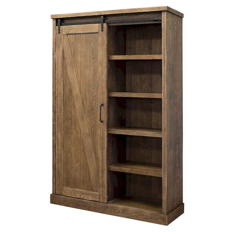 Bibliothèque rustique avec porte de grange, étagères en bois, bibliothèque de bureau, marron - 122 L x 183 H x 41 P cm