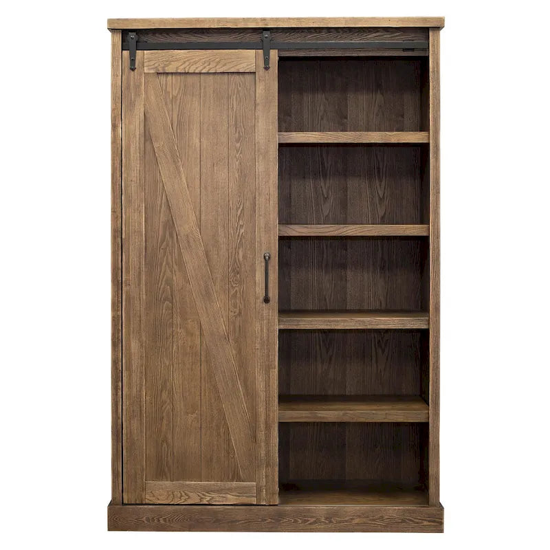 Bibliothèque rustique avec porte de grange, étagères en bois, bibliothèque de bureau, marron - 122 L x 183 H x 41 P cm