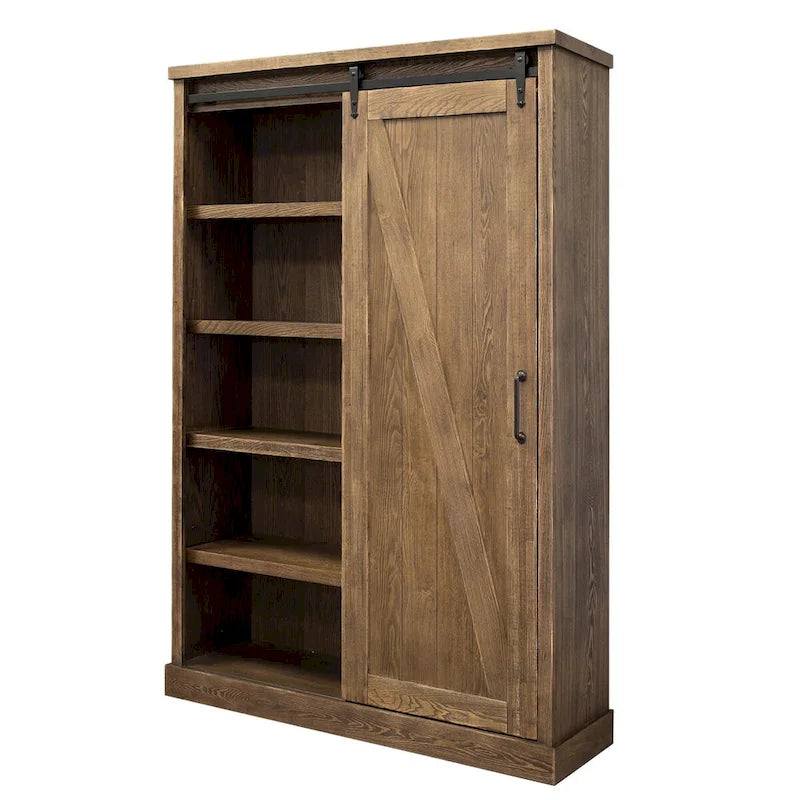 Bibliothèque rustique avec porte de grange, étagères en bois, bibliothèque de bureau, marron - 122 L x 183 H x 41 P cm