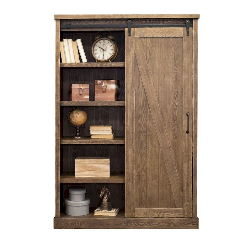 Bibliothèque rustique avec porte de grange, étagères en bois, bibliothèque de bureau, marron - 122 L x 183 H x 41 P cm