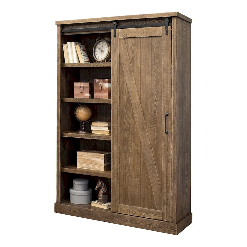 Bibliothèque rustique avec porte de grange, étagères en bois, bibliothèque de bureau, marron - 122 L x 183 H x 41 P cm