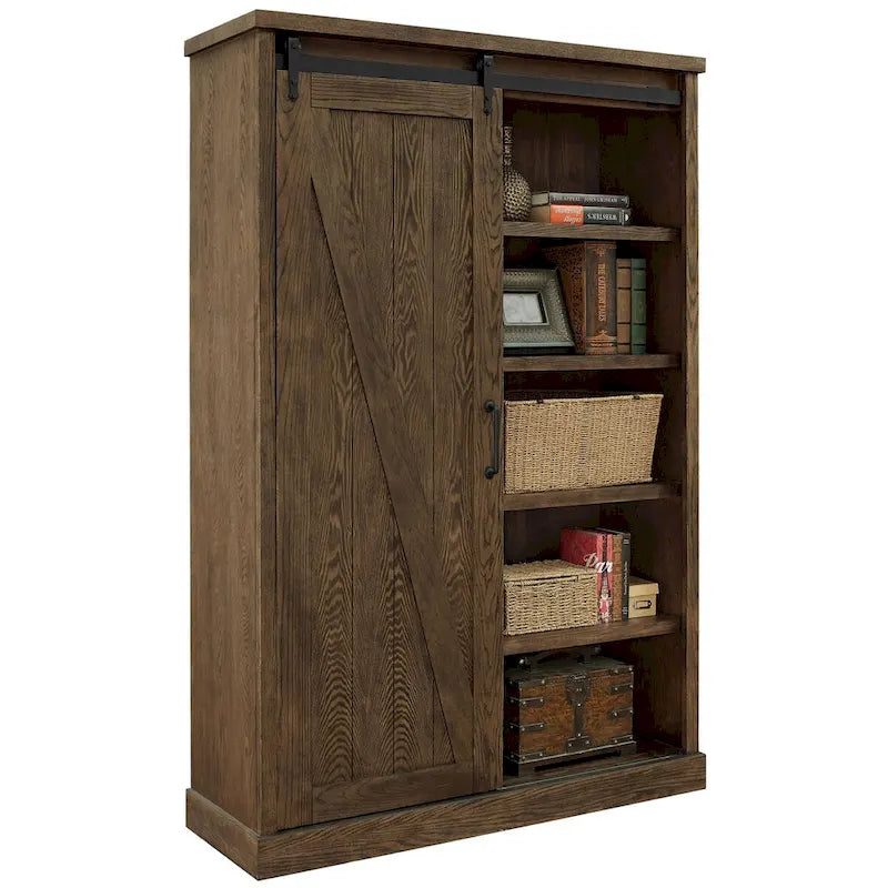 Bibliothèque rustique avec porte de grange, étagères en bois, bibliothèque de bureau, marron - 122 L x 183 H x 41 P cm