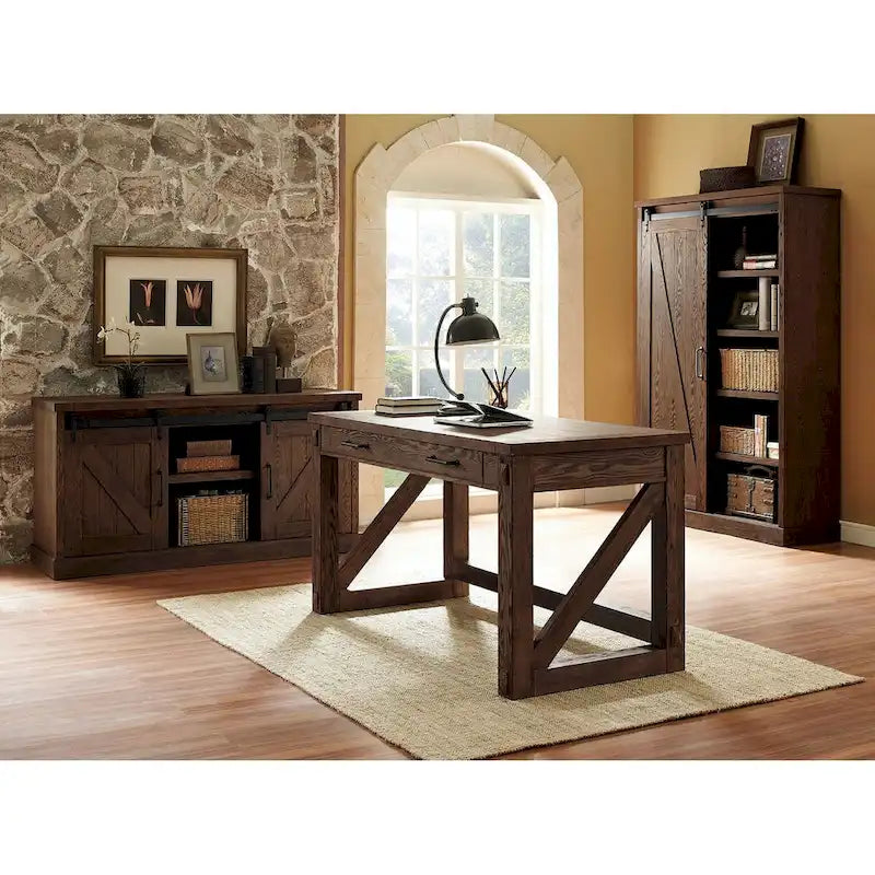Bibliothèque rustique avec porte de grange, étagères en bois, bibliothèque de bureau, marron - 122 L x 183 H x 41 P cm