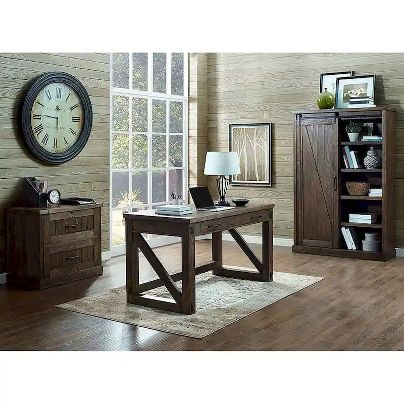 Bibliothèque rustique avec porte de grange, étagères en bois, bibliothèque de bureau, marron - 122 L x 183 H x 41 P cm