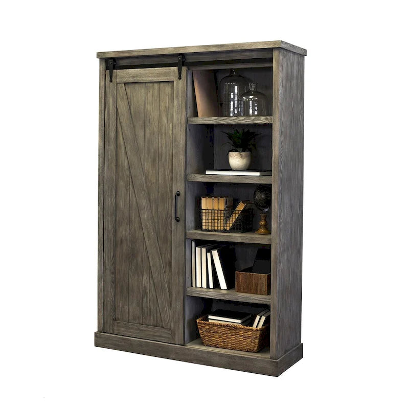 Bibliothèque rustique avec porte de grange, étagères en bois, bibliothèque de bureau, marron - 122 L x 183 H x 41 P cm