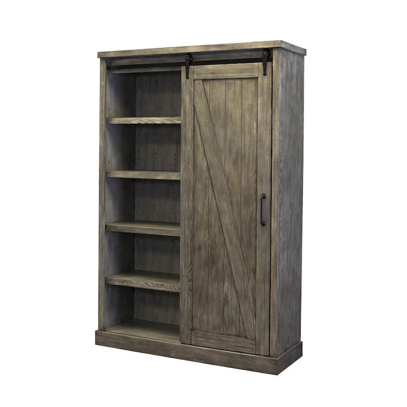 Bibliothèque rustique avec porte de grange, étagères en bois, bibliothèque de bureau, marron - 122 L x 183 H x 41 P cm