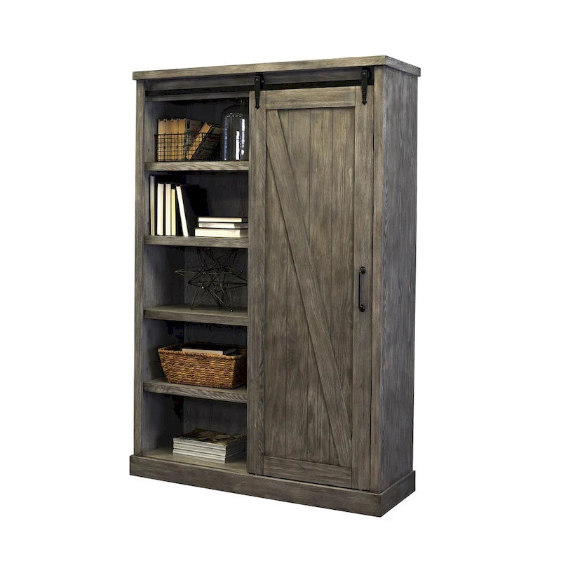 Bibliothèque rustique avec porte de grange, étagères en bois, bibliothèque de bureau, marron - 122 L x 183 H x 41 P cm