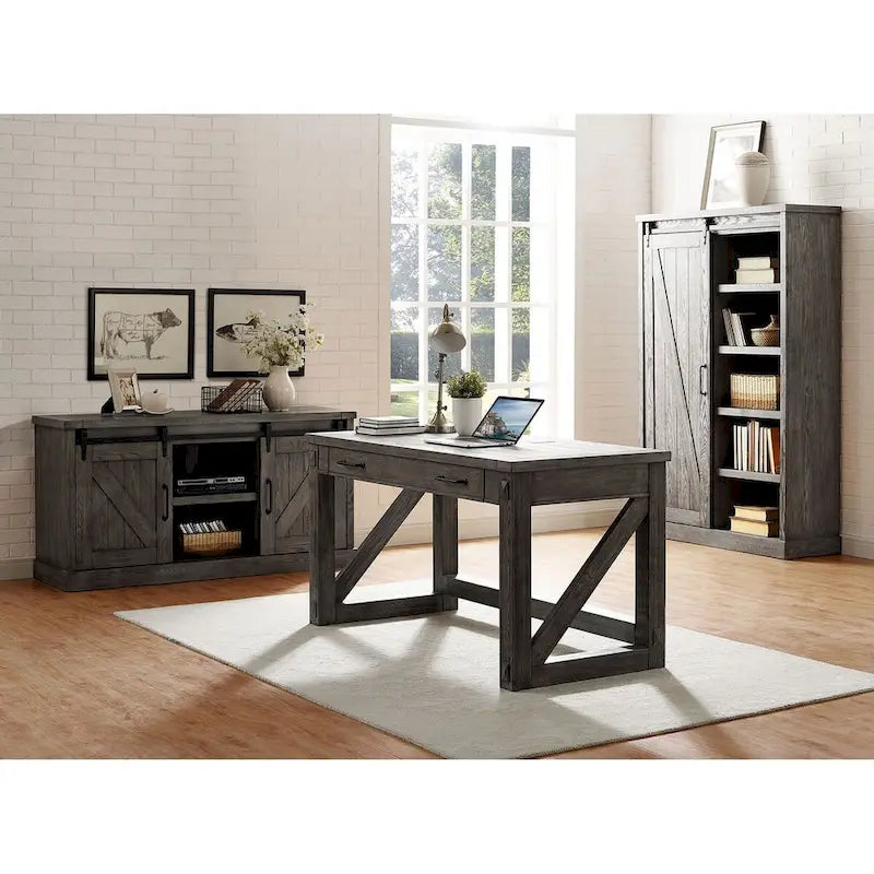Bibliothèque rustique avec porte de grange, étagères en bois, bibliothèque de bureau, marron - 122 L x 183 H x 41 P cm