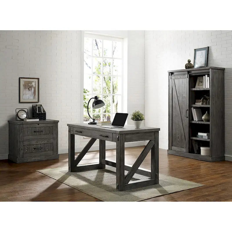 Bibliothèque rustique avec porte de grange, étagères en bois, bibliothèque de bureau, marron - 122 L x 183 H x 41 P cm