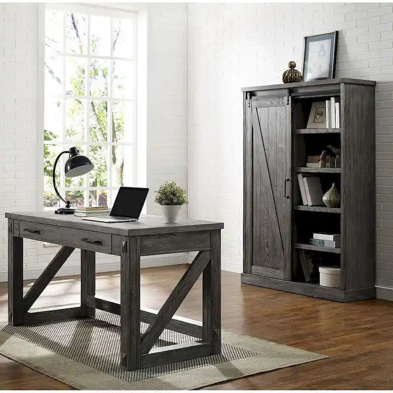 Bibliothèque rustique avec porte de grange, étagères en bois, bibliothèque de bureau, marron - 122 L x 183 H x 41 P cm