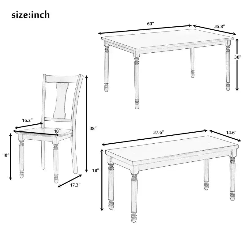 Ensemble de salle à manger classique Whisen 6 pièces, table en bois avec 4 chaises et banc - Marron / Blanc campagnard