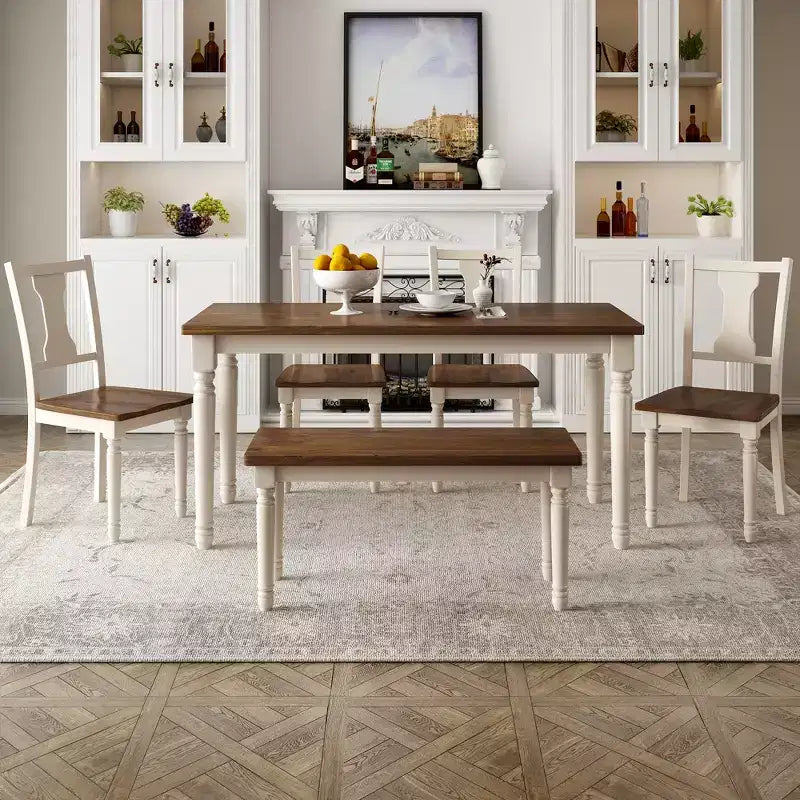Ensemble de salle à manger classique Whisen 6 pièces, table en bois avec 4 chaises et banc - Marron / Blanc campagnard