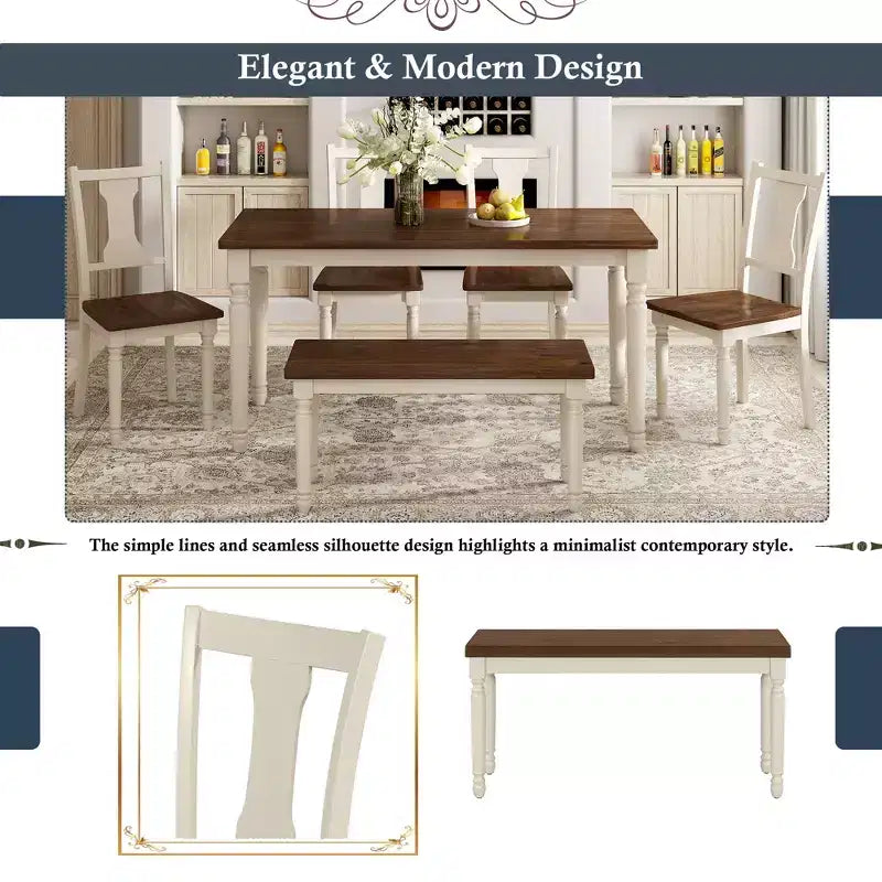 Ensemble de salle à manger classique Whisen 6 pièces, table en bois avec 4 chaises et banc - Marron / Blanc campagnard