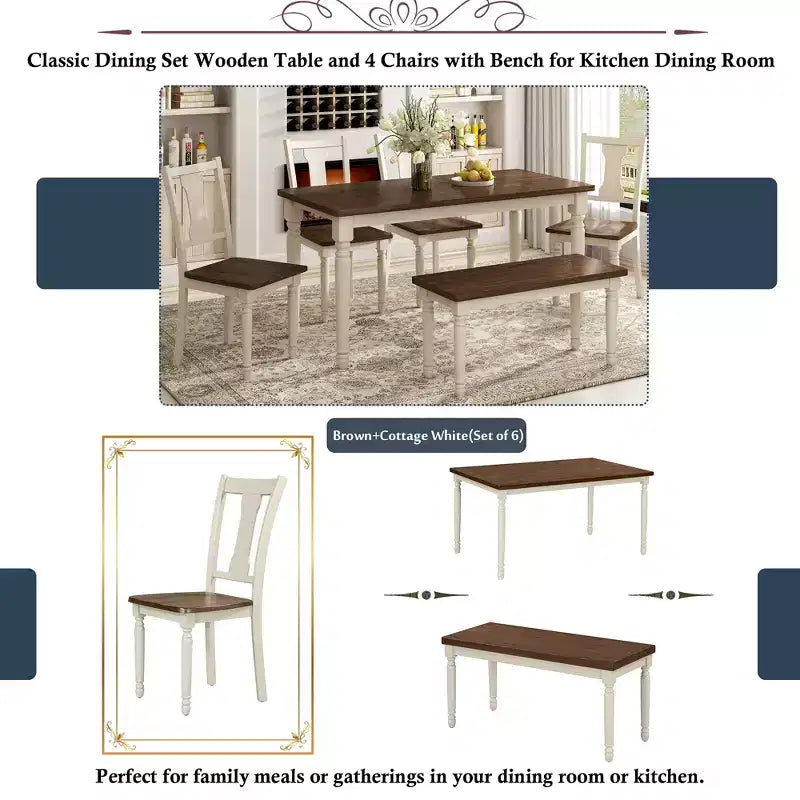 Ensemble de salle à manger classique Whisen 6 pièces, table en bois avec 4 chaises et banc - Marron / Blanc campagnard