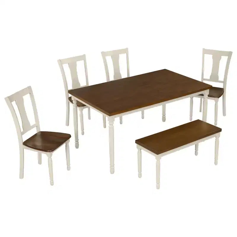 Ensemble de salle à manger classique Whisen 6 pièces, table en bois avec 4 chaises et banc - Marron / Blanc campagnard